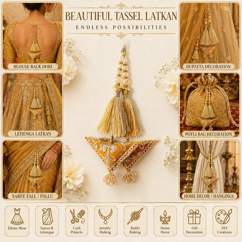 Mustard Yellow Embroidered Triangle Potli Latkan Tassel Set of 2 for Saree, Blouse & Lehenga | Craft Shop India