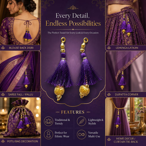 Purple Silk Hanging Tassels with Golden Cutdana Beads for Saree Pallu, Blouse, Lehenga, Dupatta, DIY Art & Craft Decoration | Pack of 10 | Craft Shop India