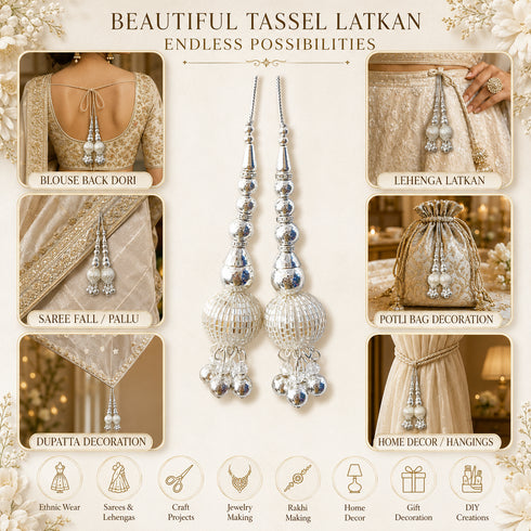 Silver Handmade Ethnic Cutdana Latkan Tassel Set of 2 for Saree Pallu, Blouse, Suits, Dupatta, Lehenga Decor & DIY Art & Crafts | Craft Shop India