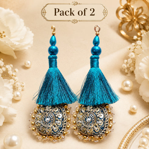 Rama Blue Mirror Work Round Latkan Tassel Set of 2 for Saree Pallu, Blouse, Dupatta & Lehenga | Craft Shop India