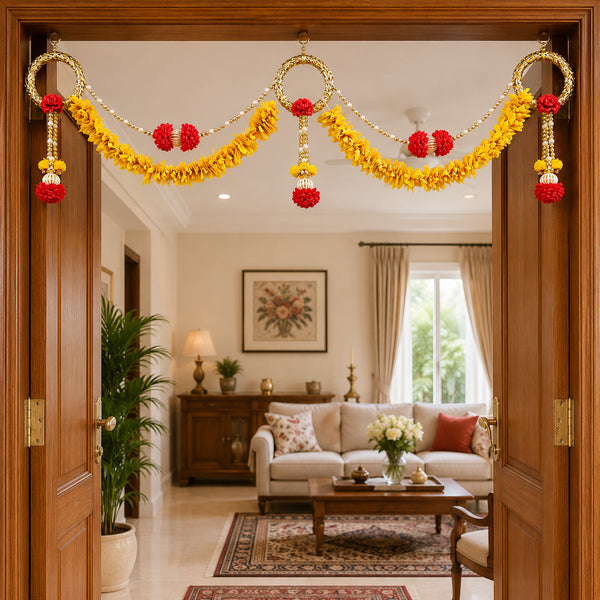 Yellow Red Floral Swag Toran with Ring Hangings for Door Entrance Decor | Handmade Bandhanwar 40 Inch | Craft Shop India