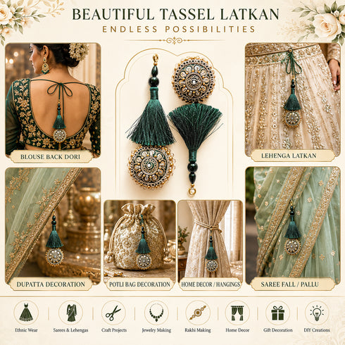 Dark Green Mirror Work Round Latkan Tassel Set of 2 for Saree Pallu, Blouse, Dupatta & Lehenga | Craft Shop India