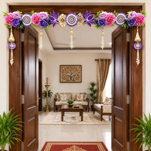 Purple Lotus Floral Chakra Toran with Pearl Hangings for Main Door | Handmade Bandhanwar for Home Entrance, Mandir & Festive Décor | 40 Inch | Craft Shop India