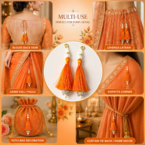 Orange Silk Hanging Tassels with Silver Cutdana Beads for Saree Pallu, Blouse, Lehenga, Dupatta, DIY Art & Craft Decoration | Pack of 10 | Craft Shop India