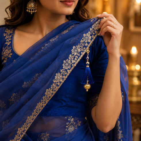 Royal Blue Silk Hanging Tassels with Golden Cutdana Beads for Saree Pallu, Blouse, Lehenga, Dupatta, DIY Art & Craft Decoration | Pack of 10 | Craft Shop India