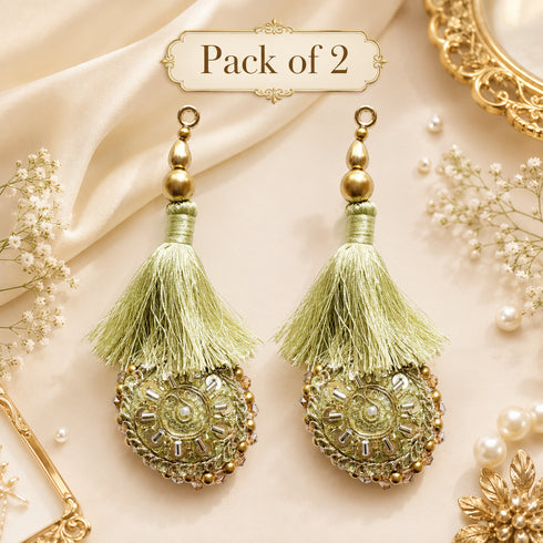 Pista Green Mirror Work Round Latkan Tassel Set of 2 for Saree Pallu, Blouse, Dupatta & Lehenga | Craft Shop India