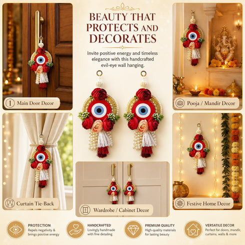 Red Handmade Floral Evil Eye Door Hanging Pair with Pearl Beads & Tassels | Home & Mandir Decor | Craft Shop India