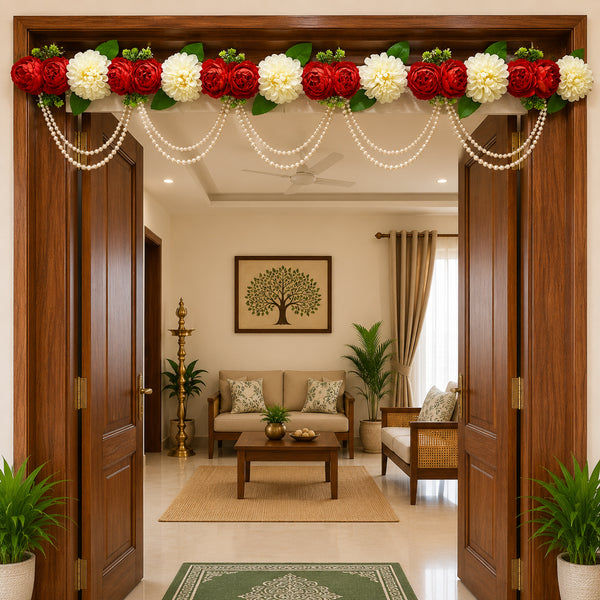 Red & Ivory Floral Pearl Swag Toran for Main Door & Mandir Décor | Handmade Bandhanwar for Home Entrance & Festive Decoration | 40 Inch | Craft Shop India