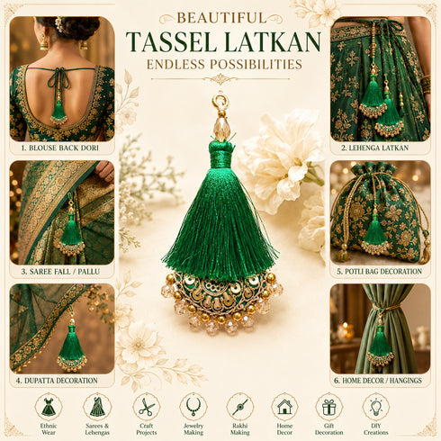 Green Mirror Work Curved Latkan Tassel Set of 2 for Saree Pallu, Blouse, Dupatta, Lehenga & DIY Craft Decoration | Craft Shop India