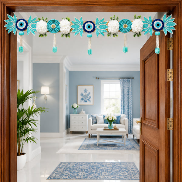 Firozi Lotus Evil Eye Toran with Beaded Hangings for Main Door Decoration | Handmade Bandhanwar for Home Entrance, Mandir & Festive Décor | 40 Inch | Craft Shop India