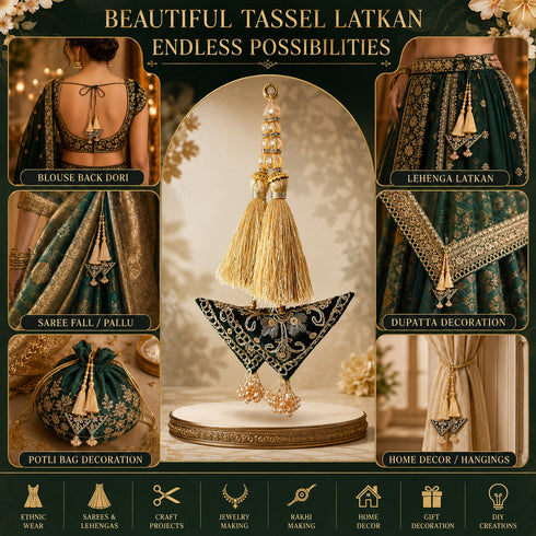Dark Bottle Green Embroidered Triangle Potli Latkan Tassel Set of 2 for Saree, Blouse & Lehenga | Craft Shop India