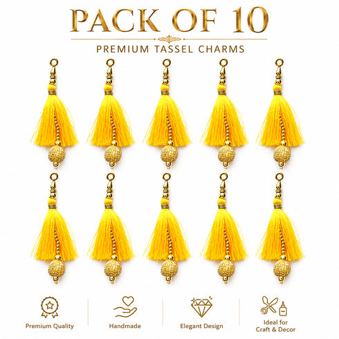 Yellow Silk Hanging Tassels with Golden Cutdana Beads for Saree Pallu, Blouse, Lehenga, Dupatta, DIY Art & Craft Decoration | Pack of 10 | Craft Shop India