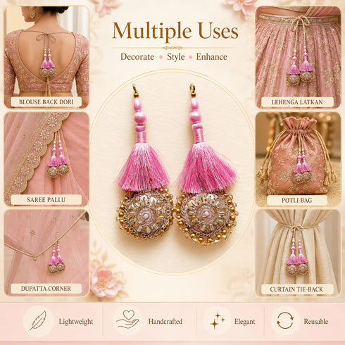 Baby Pink Mirror Work Round Latkan Tassel Set of 2 for Saree Pallu, Blouse, Dupatta & Lehenga | Craft Shop India