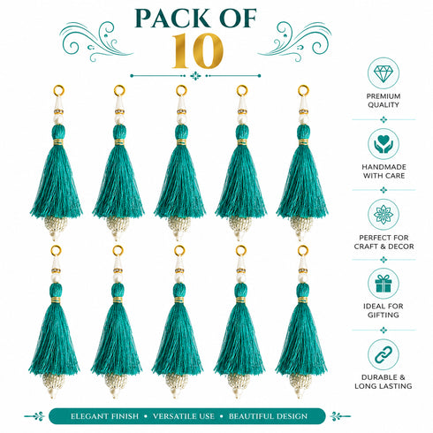 Sea Green Silk Hanging Tassels with Silver Cutdana Beads for Saree Pallu, Blouse, Lehenga, Dupatta, DIY Art & Craft Decoration | Pack of 10 | Craft Shop India