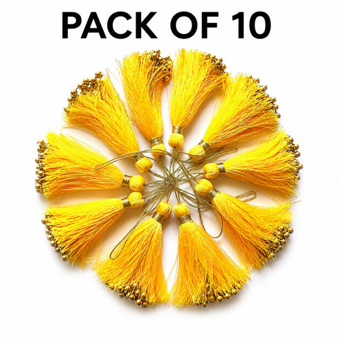 Sunshine Yellow Fancy Silk Tassels with Zari Bead Thread Latkan Pack of 10 | Craft Shop India