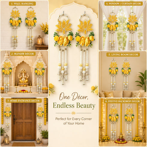 Yellow Nalki Pichwai Lotus with Flower Bunch Hanging (Pack of 2) | Traditional Wall Décor | Craft Shop India