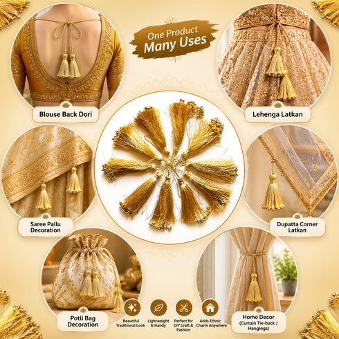 Metallic Golden Fancy Silk Tassels with Zari Bead Thread Latkan Pack of 10 | Craft Shop India
