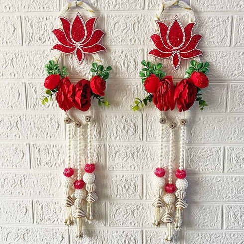 Red Nalki Pichwai Lotus with Flower Bunch Hanging Pack of 2 | Wall Décor | Craft Shop India