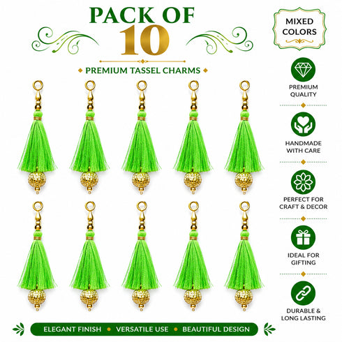 Parrot Green Silk Hanging Tassels with Golden Cutdana Beads for Saree Pallu, Blouse, Lehenga, Dupatta, DIY Art & Craft Decoration | Pack of 10 | Craft Shop India
