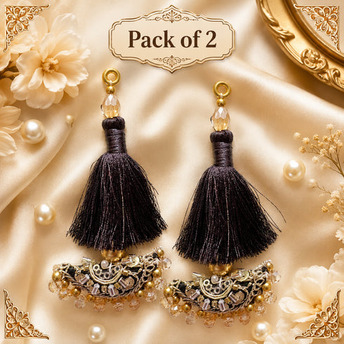 Black Mirror Work Curved Latkan Tassel Set of 2 for Saree Pallu, Blouse, Dupatta, Lehenga & DIY Craft Decoration | Craft Shop India