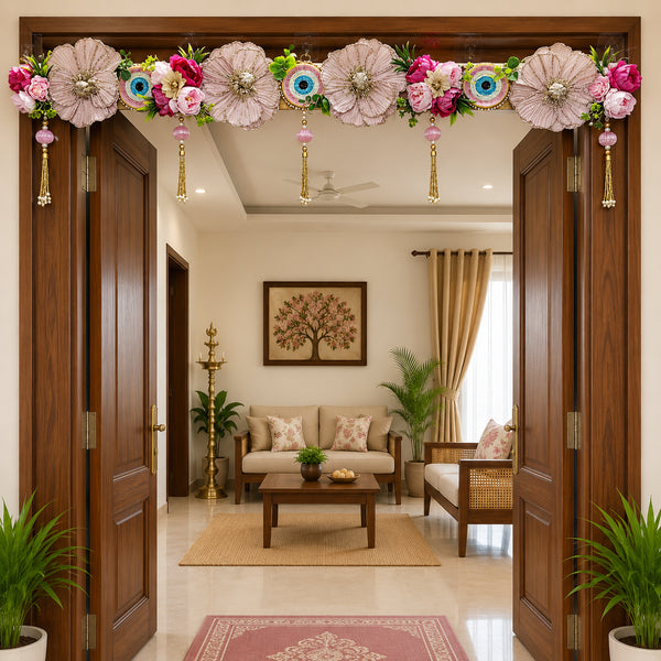 Dusty Pink Evil Eye Floral Toran with Gold Tassels for Main Door | Handmade Bandhanwar for Home Entrance, Mandir & Festive Décor | 40 Inch | Craft Shop India
