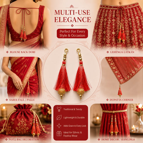 Carrot Red Silk Hanging Tassels with Golden Cutdana Beads for Saree Pallu, Blouse, Lehenga, Dupatta, DIY Art & Craft Decoration | Pack of 10 | Craft Shop India