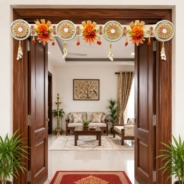 Orange Floral White Jute Chakra Bandhanwar Toran for Door Entrance | 40 Inch Handmade Decorative Door Hanging for Home, Mandir & Festive Décor | Craft Shop India