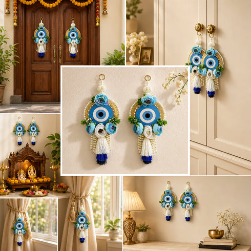 Sky Blue Floral Evil Eye Door Hanging Pair with Pearl Beads & Tassels | Pack of 2 | Craft Shop India