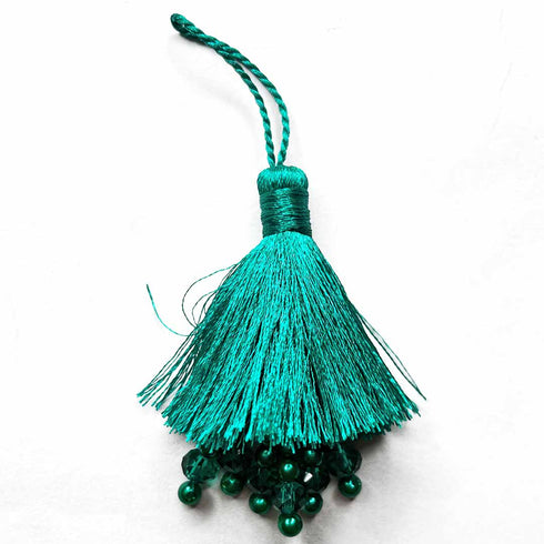 Teal Green Color Thread Tassels With Beads Set Of 2
