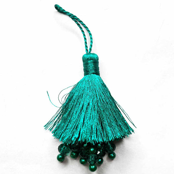 Teal Green Color Thread Tassels With Beads Set Of 2 | tassels | hanging tassels | thread tassels | resham beads | Craft Shop India