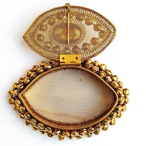 Eye Shape | Antique Gold Finish Handcrafted Box With Stonework & Ghungroo | craft shop india | india craft shop | shop craft | craft shop