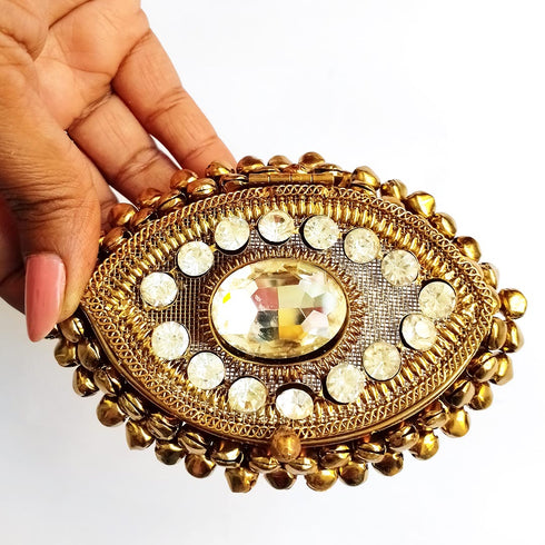 Eye Shape | Antique Gold Finish Handcrafted Box With Stonework & Ghungroo | craft shop india | india craft shop | shop craft | craft shop