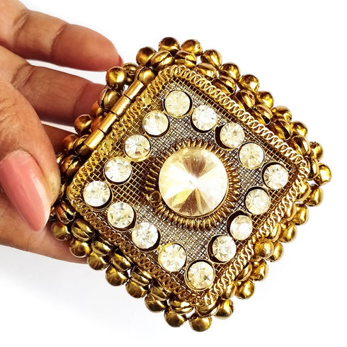 Square Shape Antique Gold Finish Handcrafted Coin Box With Stonework & Ghungroo | Square Shape | Antique Gold | Handcrafted Coin Box | Stonework & Ghungroo | Craft Shop India