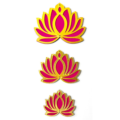 3 Different Sizes Rani Pink Velvet & Golden Acrylic Lotus Set of 18