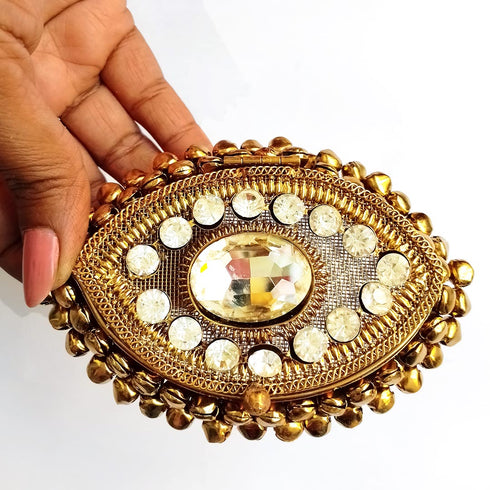 Eye Shape | Antique Gold Finish Handcrafted Box With Stonework & Ghungroo | craft shop india | india craft shop | shop craft | craft shop