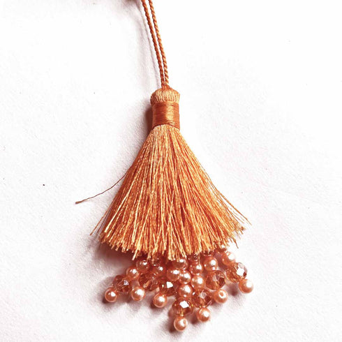 Peach Color Thread Tassels With Beads Set Of 2