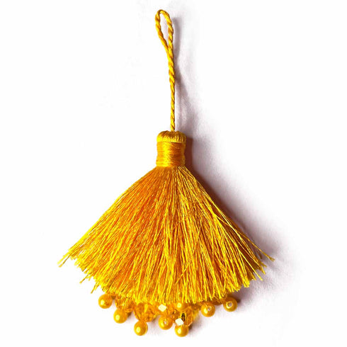 Yellow Color Thread Tassels With Beads Set Of 2