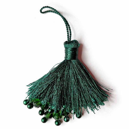 Bottle Green Color Thread Tassels With Beads Set Of 2