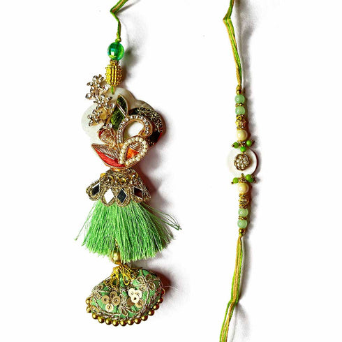 Green Color Zardozi Work Couple Rakhi