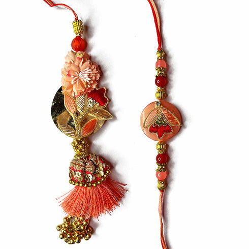 Peach Color Zardozi Work Couple Rakhi | Peach Color | Zardori Work | Couple Rakhi | Craft shop India | Online Craft Store