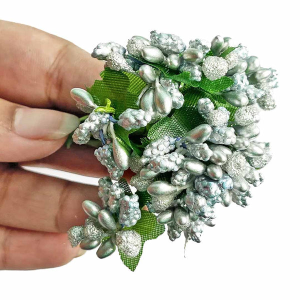 Silver Artificial Pollen Flower Set Of 4 Bunch | Silver Artificial Flower | Pollen | Artificial Pollen | Craft Shop India