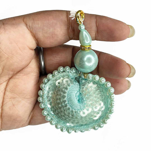 Sea Green Color Transparent Sequins & Beads Embroidered Tassels Set Of 2