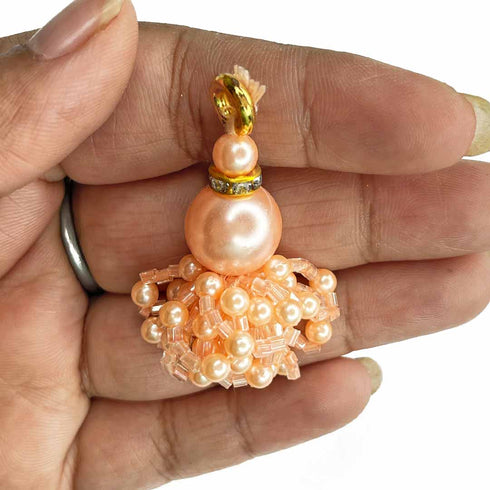 Peach Color Big Size Bead With Katdana Ruffled Tassels Set Of 2