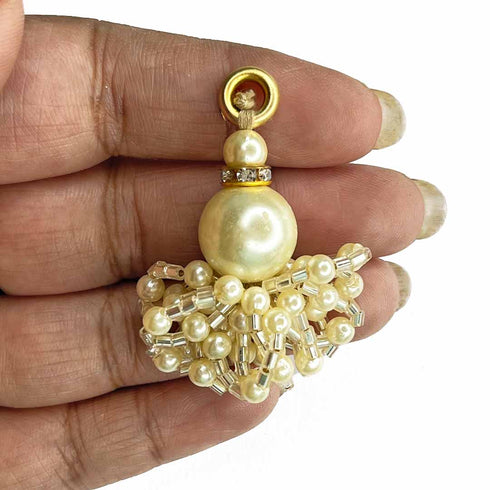 Cream Color Big Size Bead With Katdana Ruffled Tassels Set Of 2