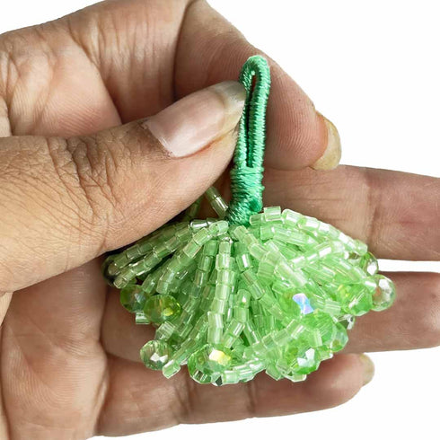 Green Color Crystal Beads & Katdana Ruffled Tassels Set Of 2