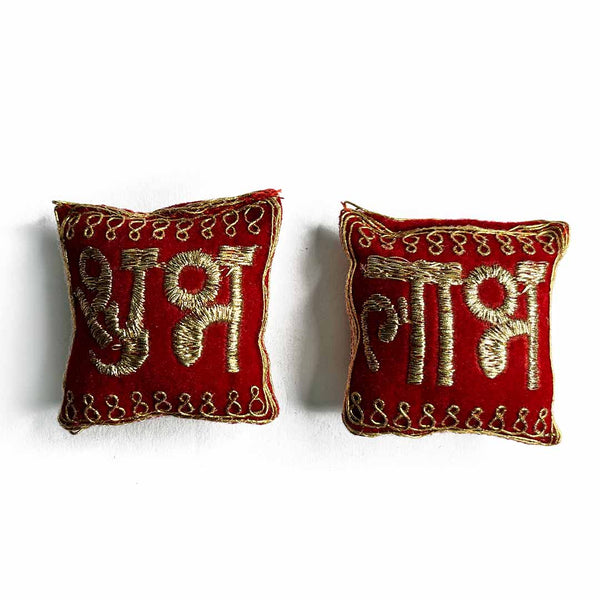 Velvet Red Color Shubh Labh Pair Cushions | Shubh | Labh | Shubh Labh | Cushions Cover | Art Craft | Handemade | Pair Cushions | Craft Shop India