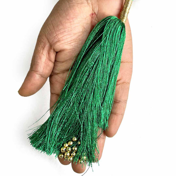 Big Size | Green Color & Golden Beads Hanging | Tassels Pack Of 6 | Big Size Green Color Tassels | Golden Beads Hanging Tassels | Tassels Pack of 6 | Art Craft | Craft Store | Tassels | Latkan | craft shop india | india craft shop | shop carft | craft shop | craft shop india