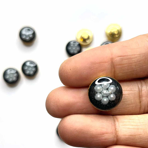 Black Color With White Beads Flower Round Shape Fancy Buttons Set Of 10