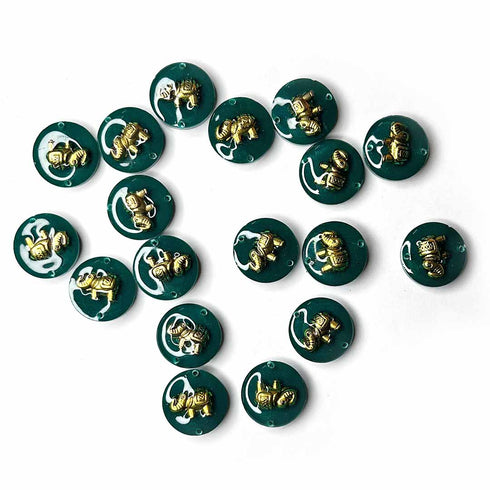 Dark Green Color Round Shape Acrylic Button With Metal Elephant Set Of 10
