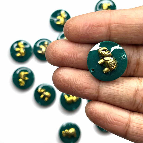 Dark Green Color Round Shape Acrylic Button With Metal Elephant Set Of 10
